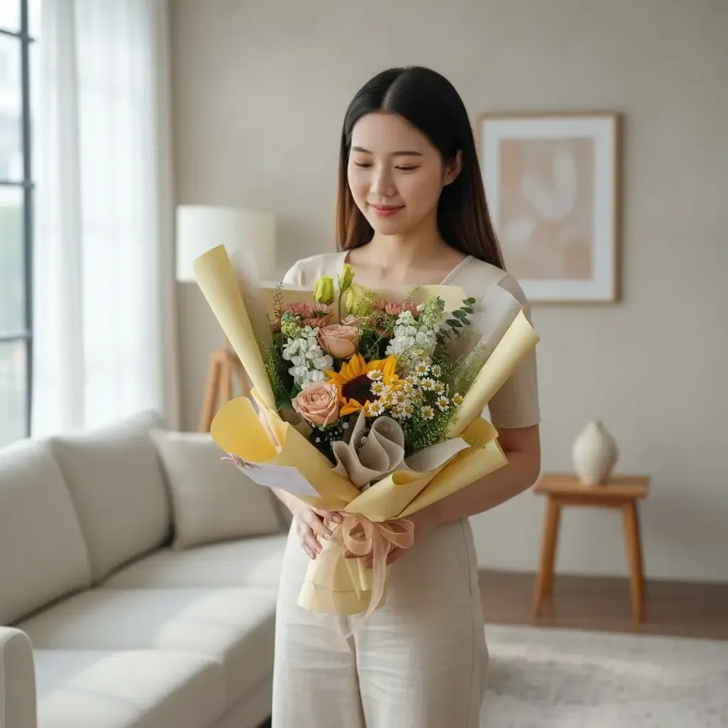Petal Symphony sunflower and matthiola hand bouquet for birthday or anniversary with delivery in Kuala Lumpur and Selangor