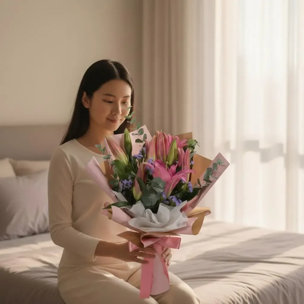 Secret Garden lilies and statice hand bouquet for birthday or anniversary with delivery in Kuala Lumpur and Selangor