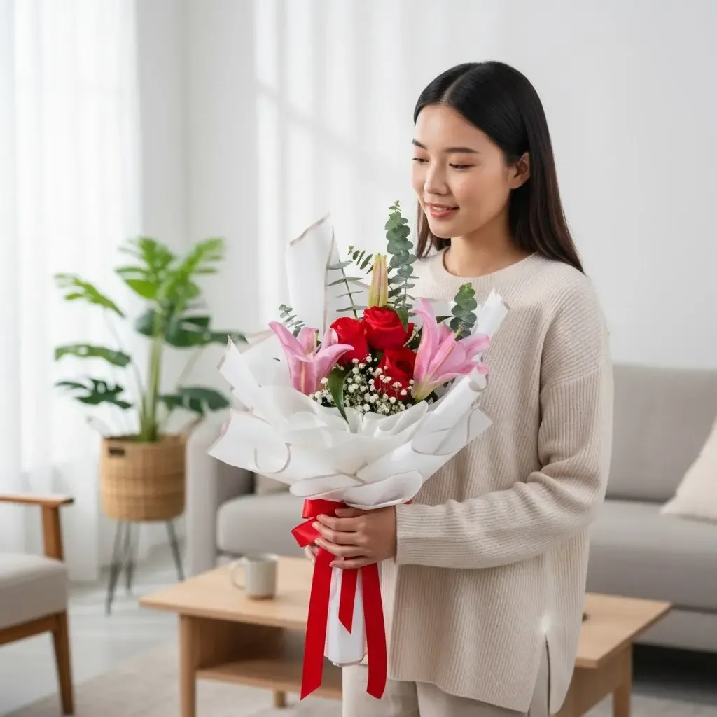 Sunset Kiss lily, rose and baby’s breath hand bouquet for birthday or anniversary with delivery in Kuala Lumpur and Selangor