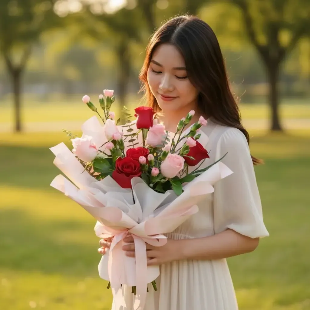 Radiant Heart rose and spray carnation hand bouquet for birthday or anniversary with delivery in Kuala Lumpur and Selangor