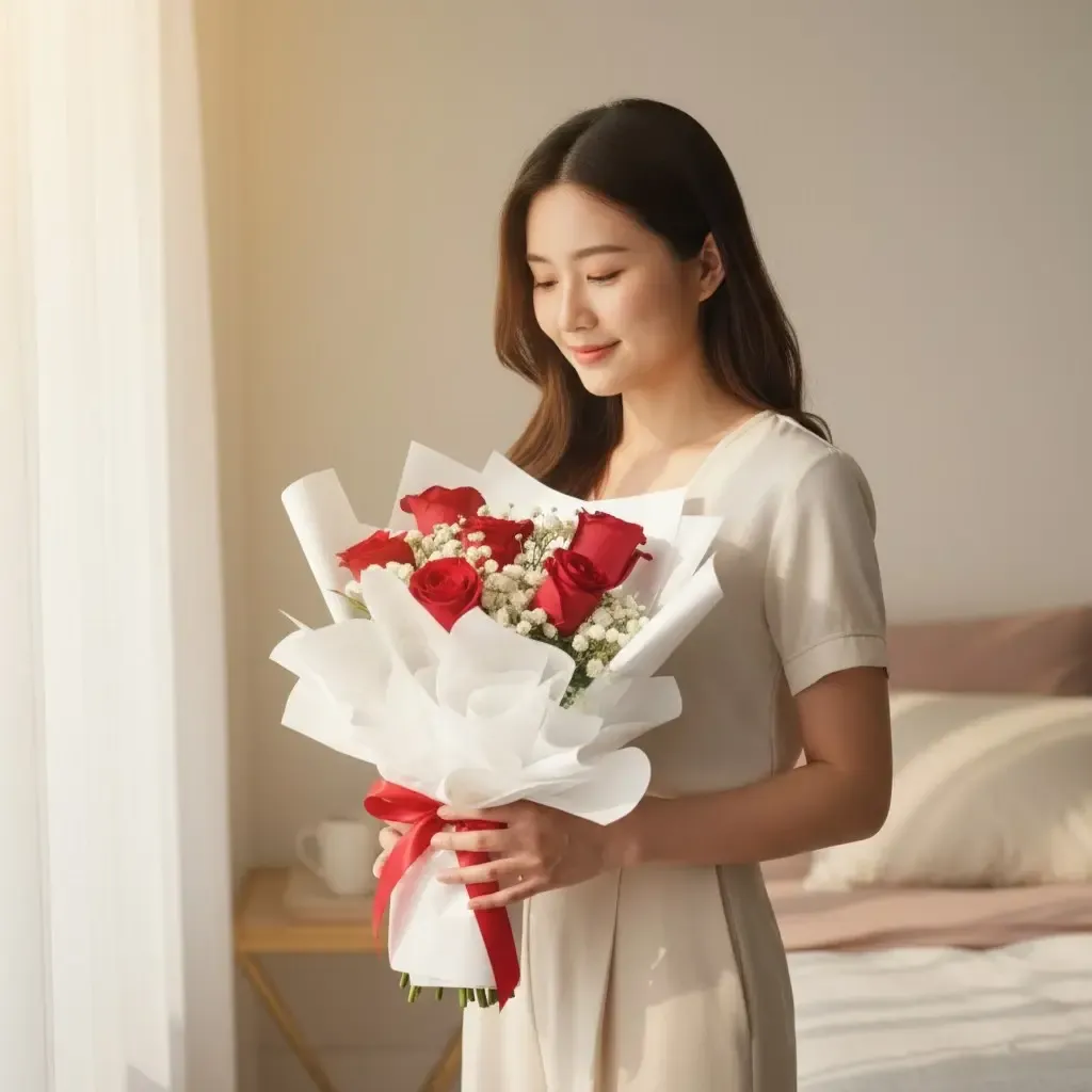Love in Bloom rose and baby’s breath hand bouquet for birthday or anniversary with delivery in Kuala Lumpur and Selangor