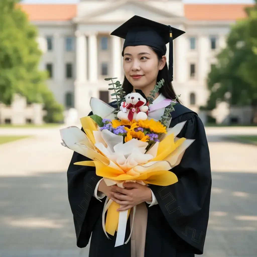 Next Chapter sunflower, gerberas and bear hand bouquet for university graduation with delivery in Kuala Lumpur and Selangor