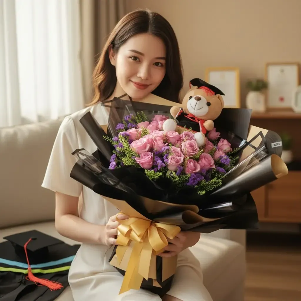 Floral Radiance rose, statice and bear hand bouquet for university graduation with delivery in Kuala Lumpur and Selangor