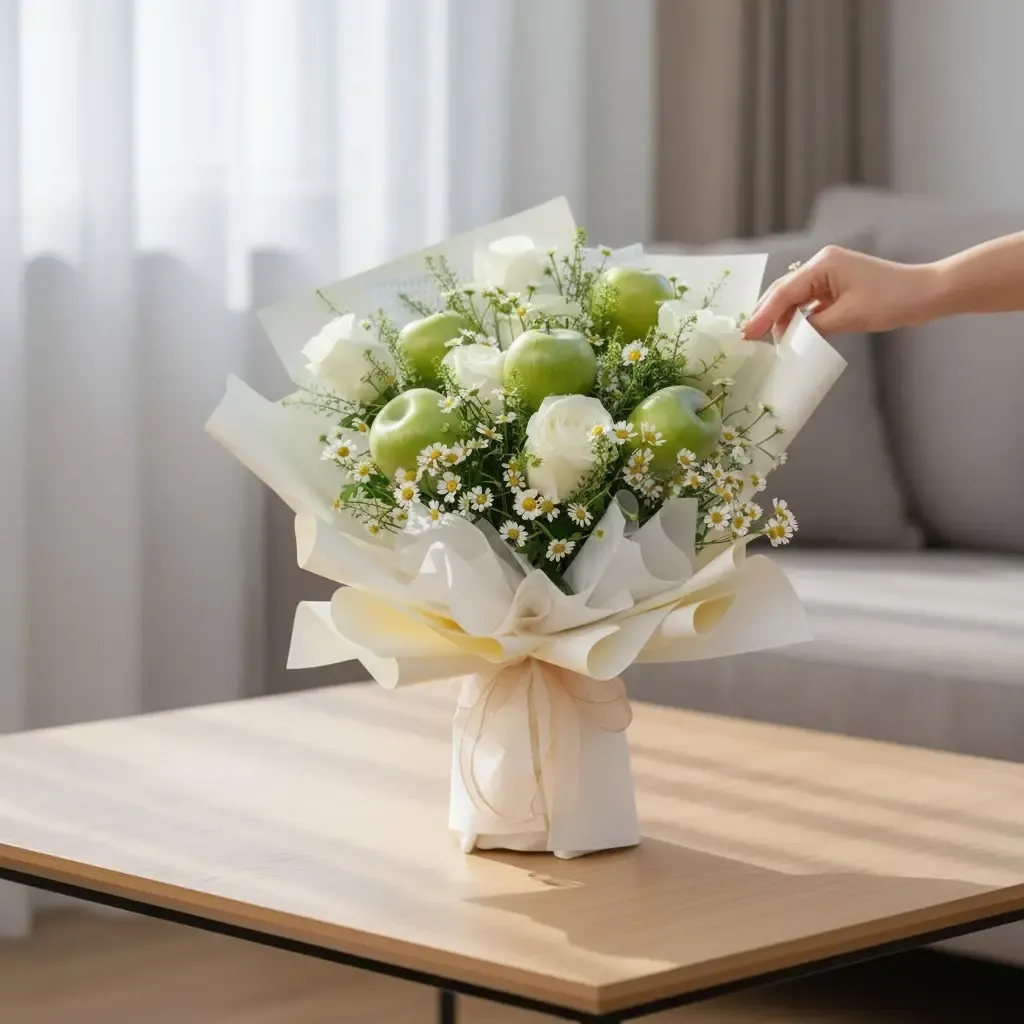 Pure Delight rose, chamomile and apple hand bouquet for birthday or anniversary with delivery in Kuala Lumpur and Selangor