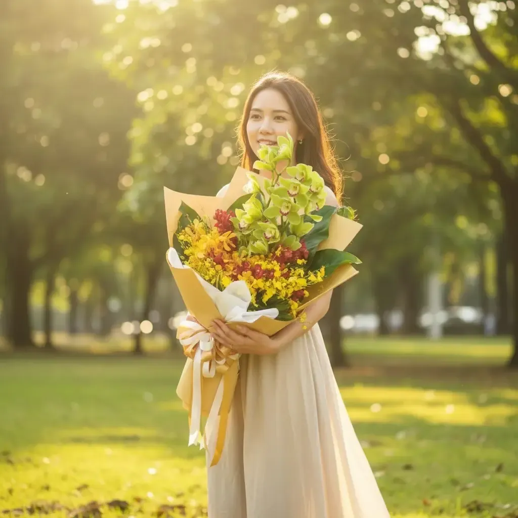 Precious Bloom cymbidium orchids and mokara orchids hand bouquet for birthday or anniversary with delivery in Kuala Lumpur and Selangor