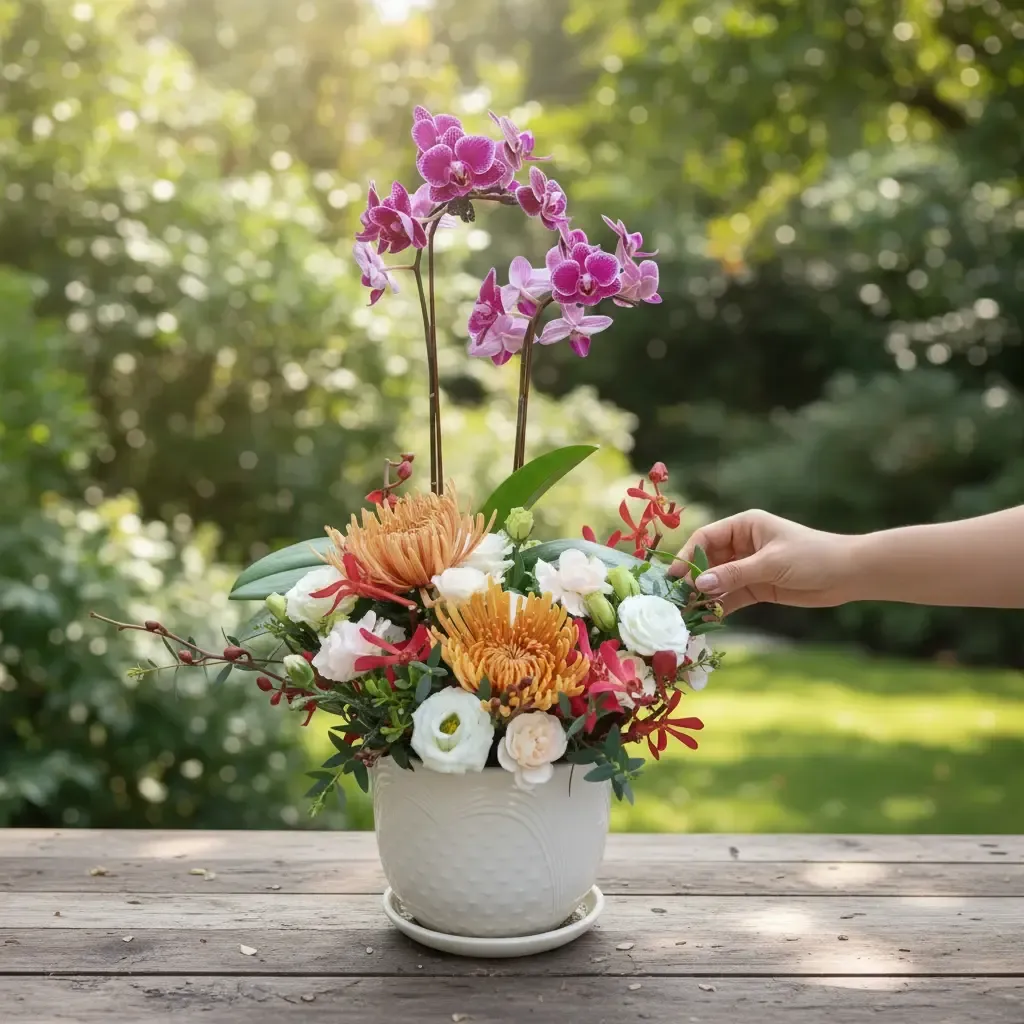 Floral Charm phalaenopsis orchid, chrysanthemum and eustoma table arrangement for birthday or anniversary with delivery in Kuala Lumpur and Selangor