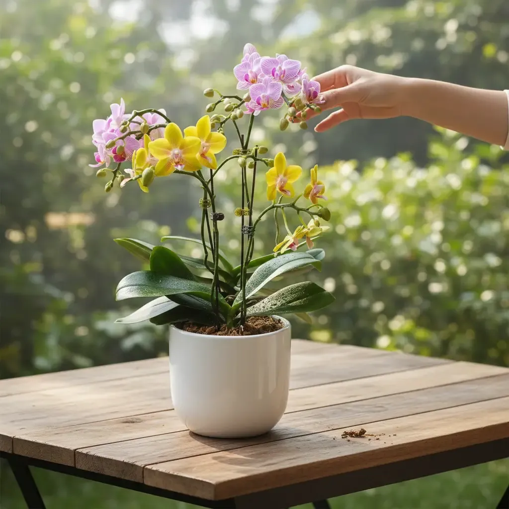 Petal Delight phalaenopsis orchid table arrangement for birthday or anniversary with delivery in Kuala Lumpur and Selangor