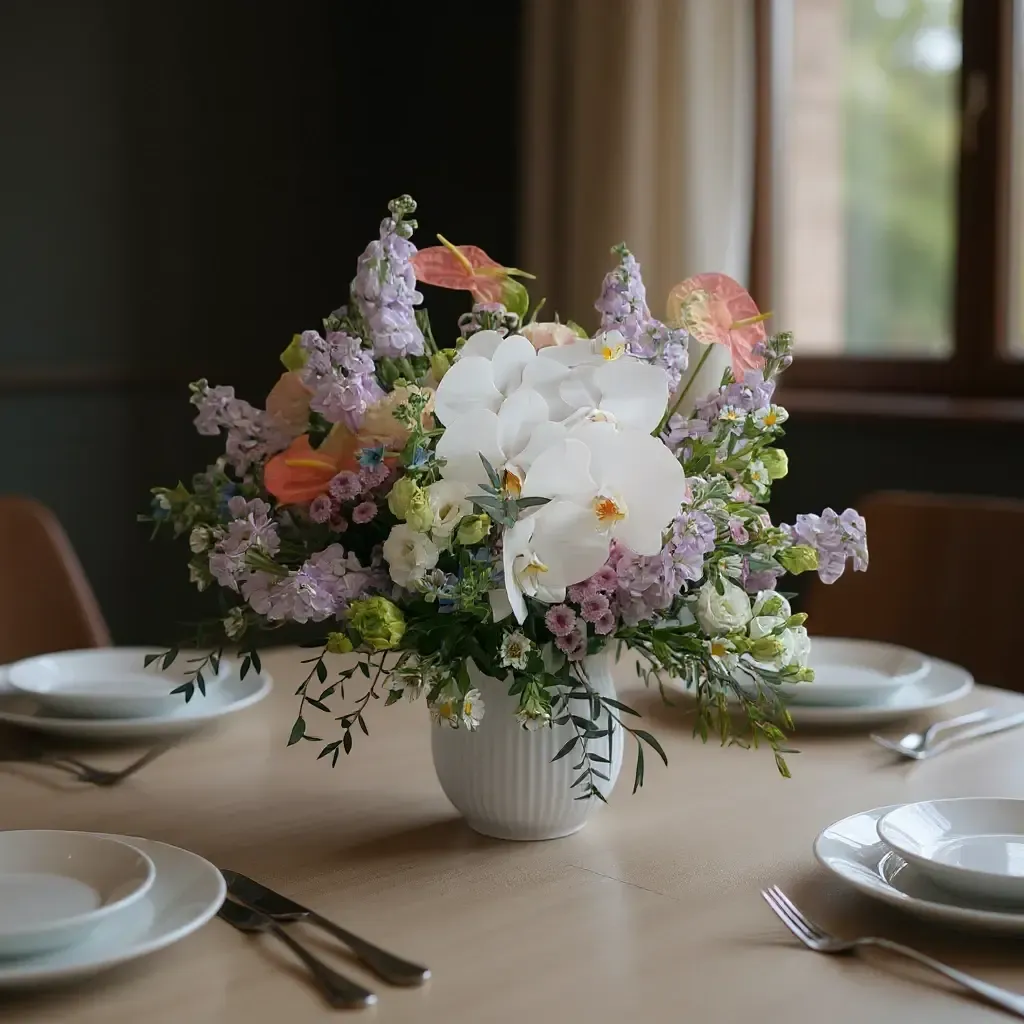 Petal Reflections phalaenopsis orchid, hydreangea, matthiola and eustoma table arrangement for birthday or anniversary with delivery in Kuala Lumpur and Selangor