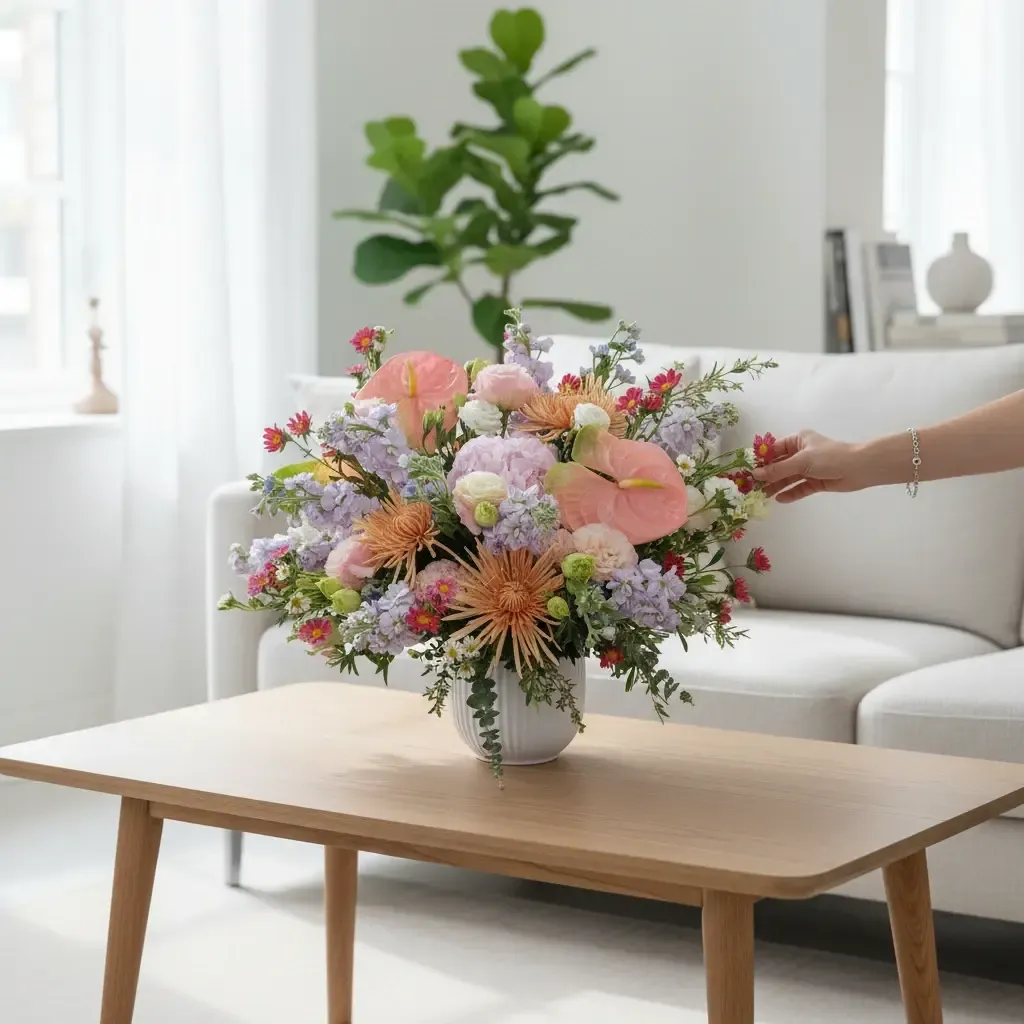 Garden Whispers hydreangea, matthiola and eustoma table arrangement for birthday or anniversary with delivery in  Kuala Lumpur and Selangor