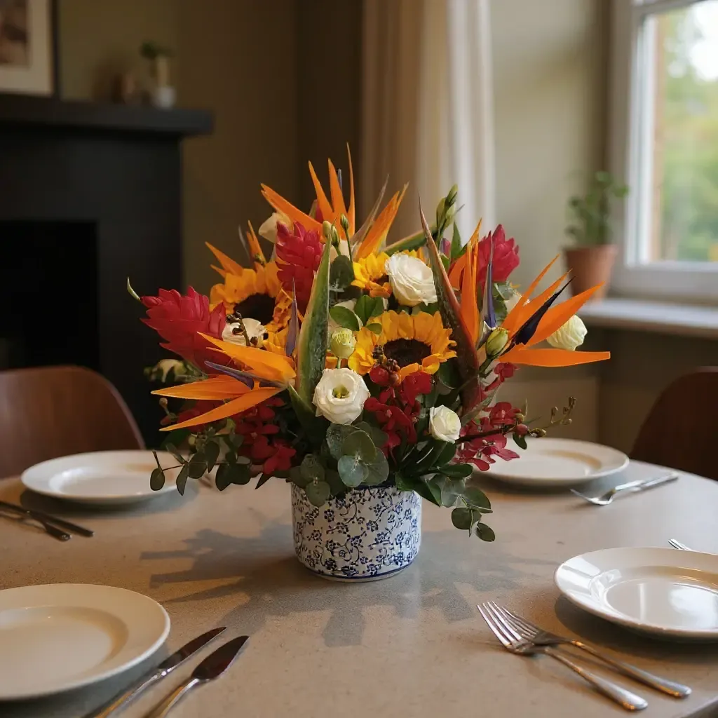 Elegant Meadow sunflower and bird of paradise table arrangement for birthday or anniversary with delivery in Kuala Lumpur and Selangor