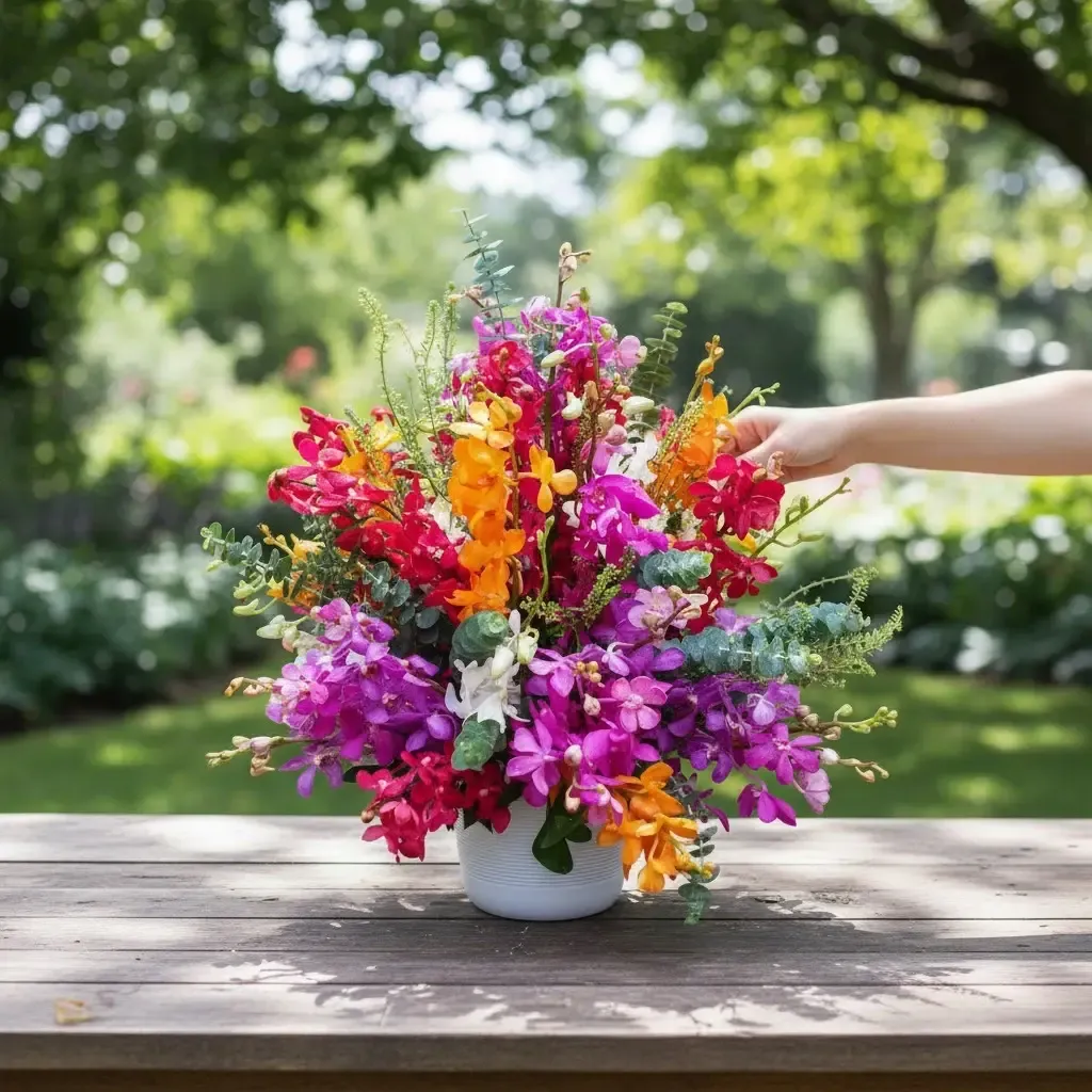 Garden Elegance orchid table arrangement for birthday or anniversary with delivery in Kuala and Selangor