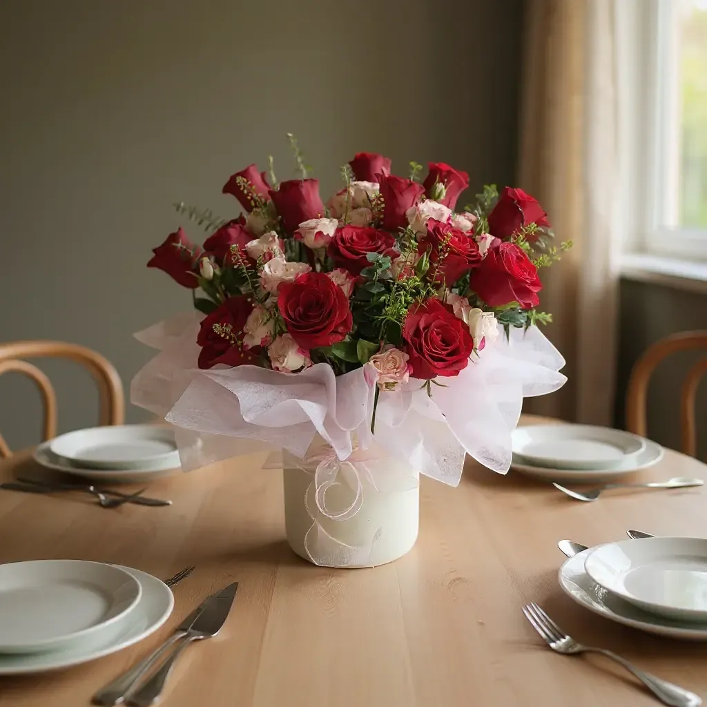 Endless Love eucalyptus and spray roses table arrangement for birthday or anniversary with delivery in Kuala Lumpur and Selangor