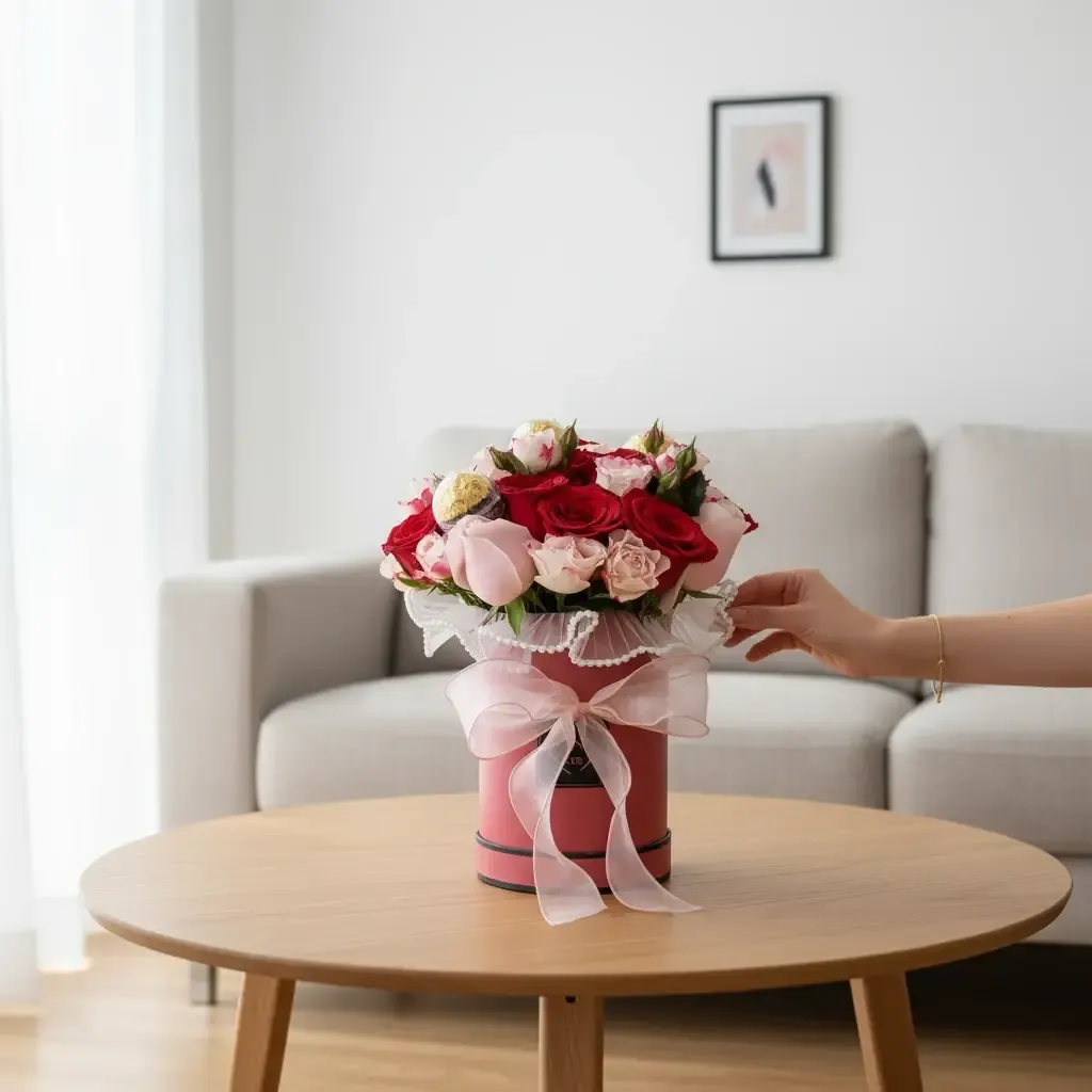 Signature Love Box rose and Ferrero Rocher Chocolates table arrangement for birthday or anniversary with delivery in Kuala Lumpur and Selangor