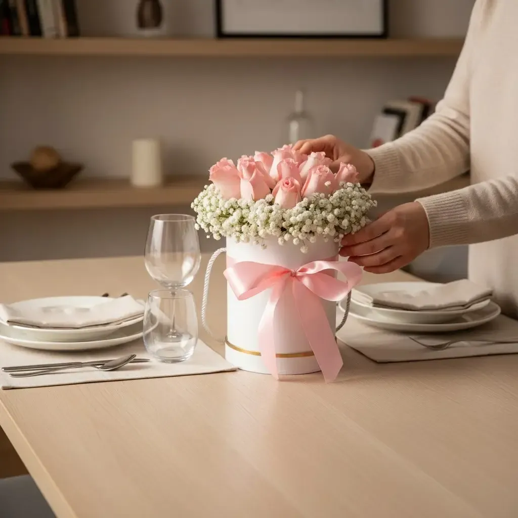 Blushing Romance rose and baby’s breath table arrangement for birthday or anniversary with delivery in Kuala Lumpur and Selangor