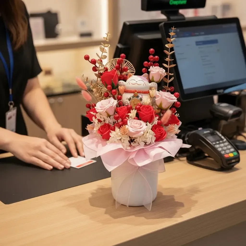 Royal Fortune soap roses and preserve flowers table arrangement for grand opening with delivery in Kuala Lumpur and Selangor