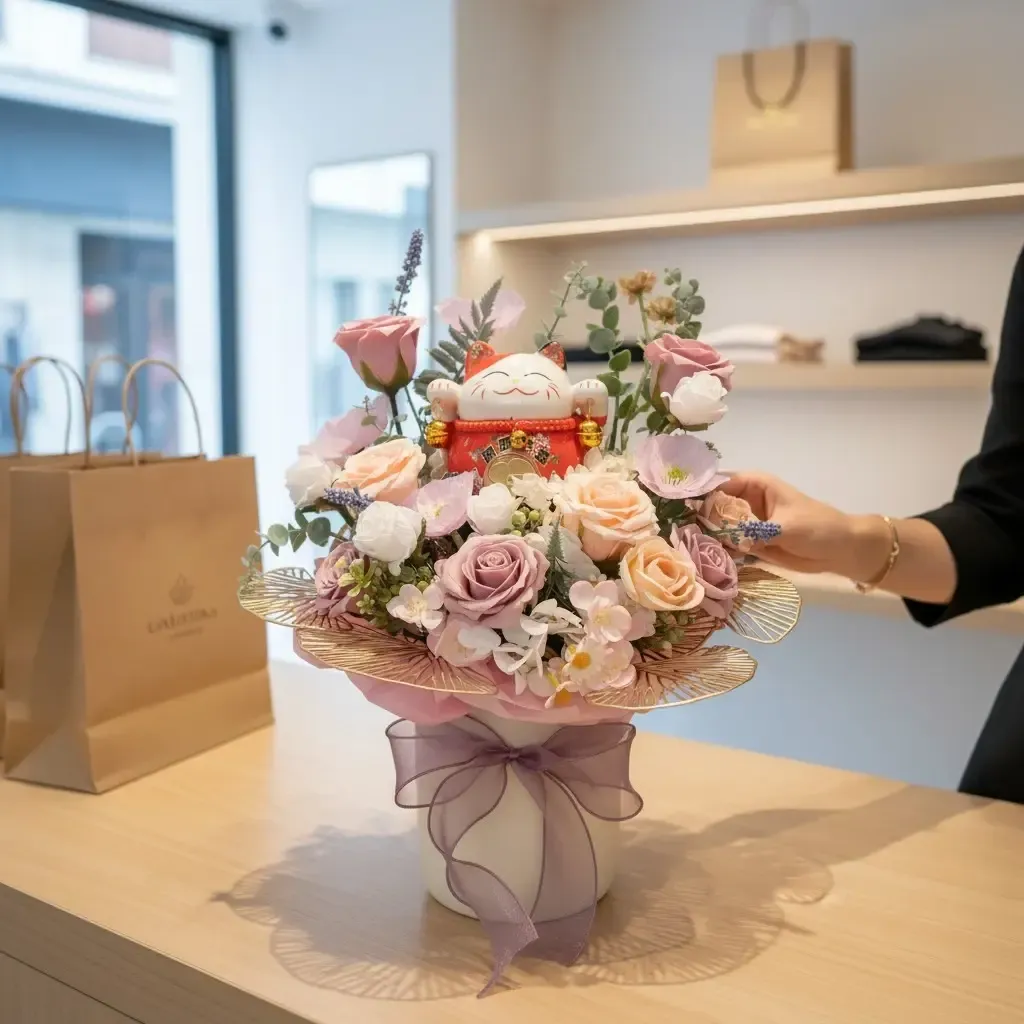 Auspicious Beginnings soap roses and artificial flowers table arrangement for grand opening with delivery in Kuala Lumpur and Selangor