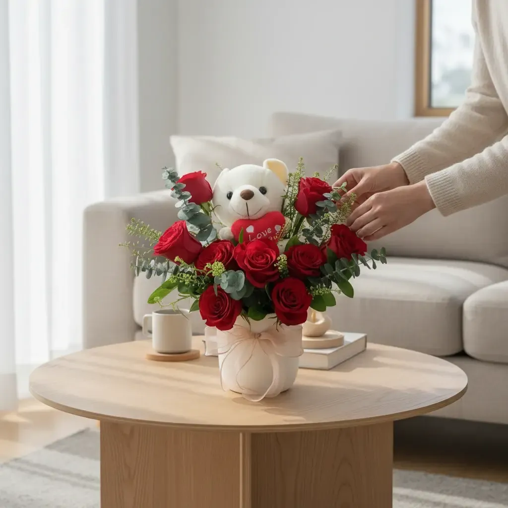 Honey Glow rose and eucalyptus with teddy bear table arrangement for birthday or anniversary with delivery in Kuala Lumpur and Selangor