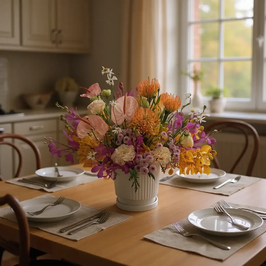 Tranquil Petals pin cushion protea and orchid table arrangement for birthday or anniversary with delivery in Kuala Lumpur and Selangor