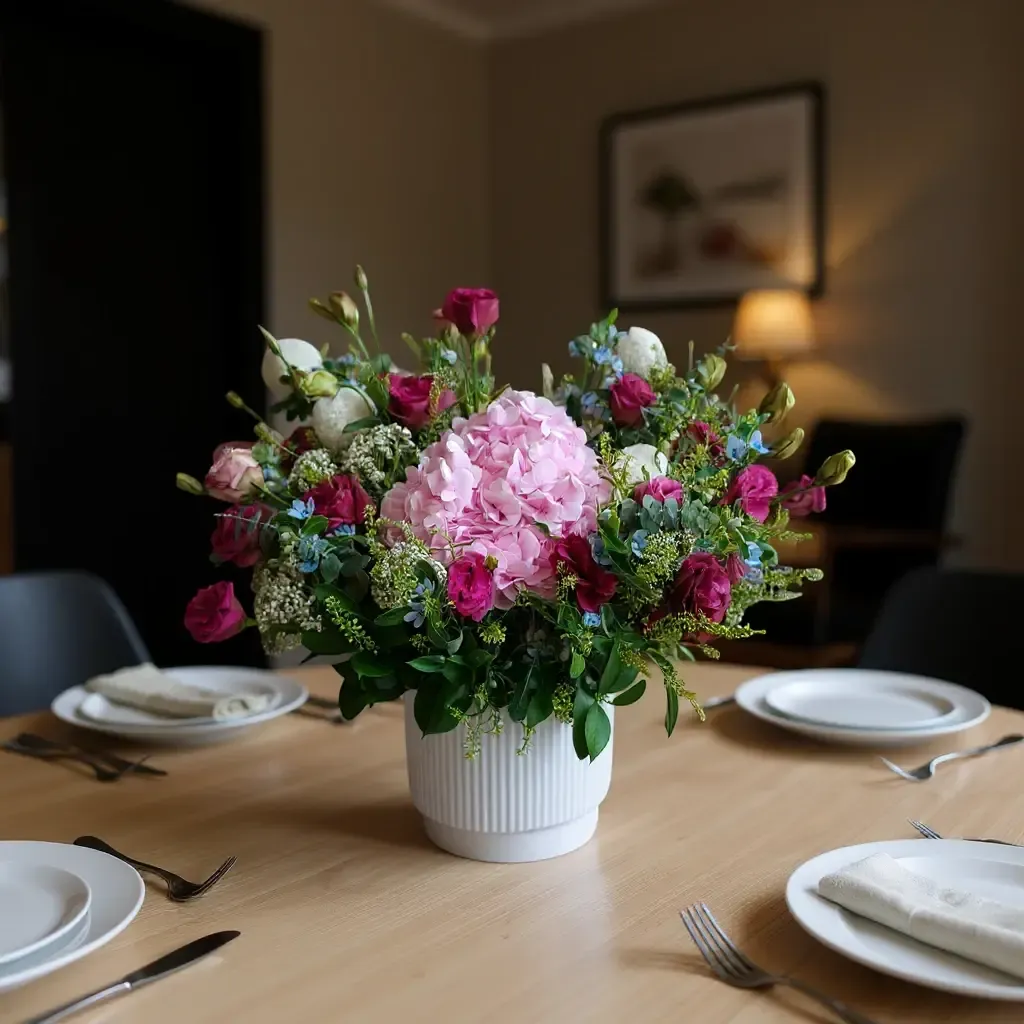 Floral Serenity hydrangea and eustoma table arrangement for birthday or anniversary with delivery in Kuala Lumpur and Selangor