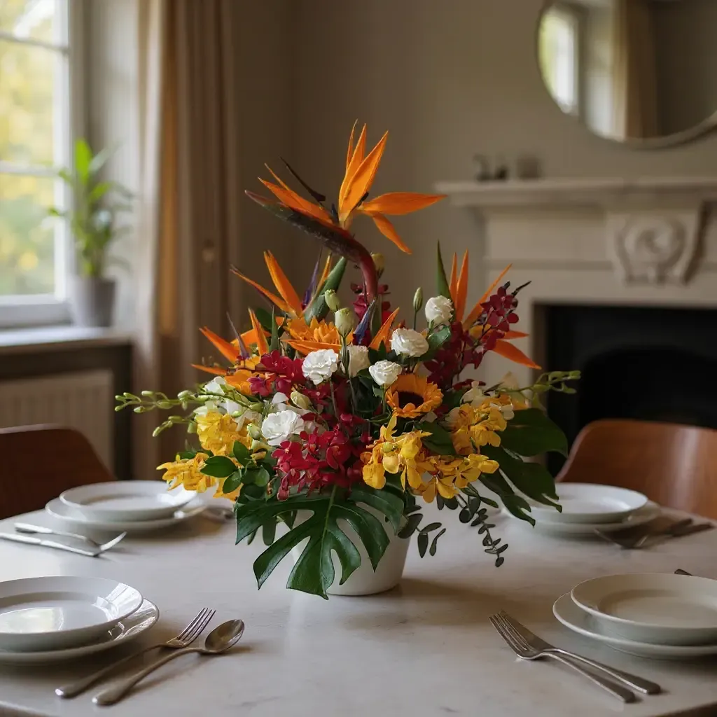 Serene Blossoms bird of paradise, sunflower and orchid table arrangement for birthday or anniversary with delivery in Kuala Lumpur and Selangor