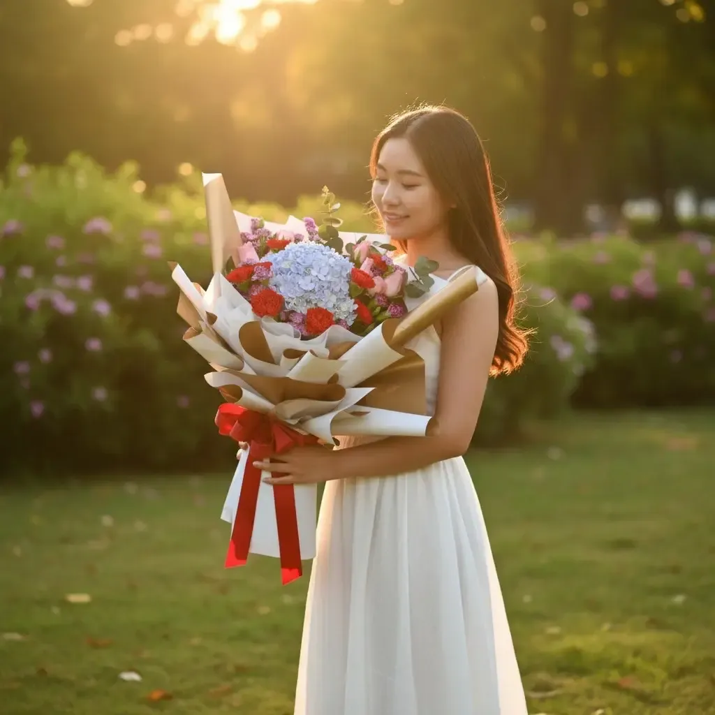 Elegant Devotion hydrangea, rose and carnation hand bouquet for birthday or anniversary with delivery in Kuala Lumpur and Selangor