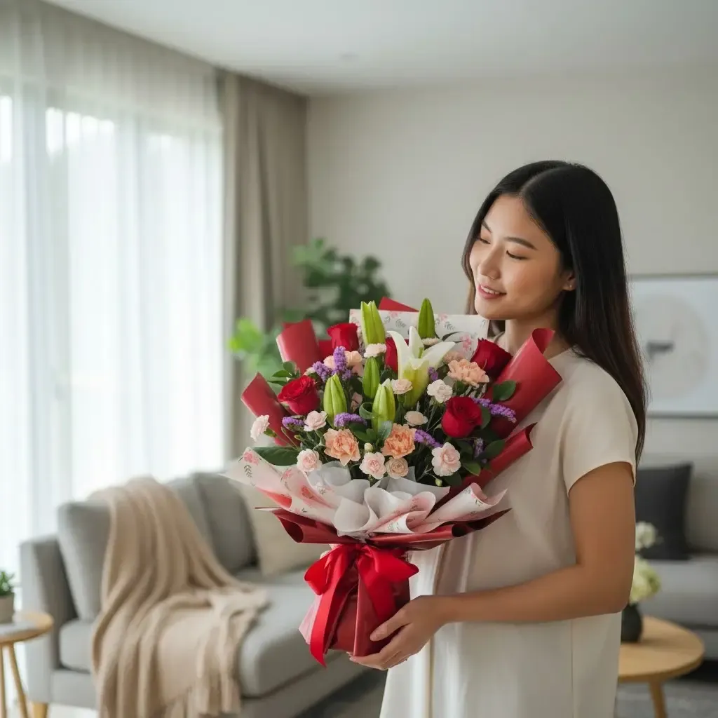 Petal Whisper lilies, roses and carnations hand bouquet for Mother's Day or birthday with delivery in Kuala Lumpur and Selangor