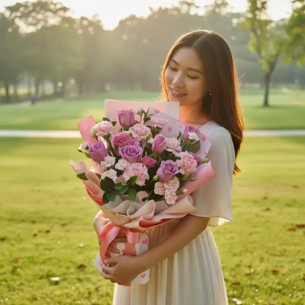 Petal Elegance eustomas, roses and carnations hand bouquet for Mother's Day or birthday with delivery in Kuala Lumpur and Selangor