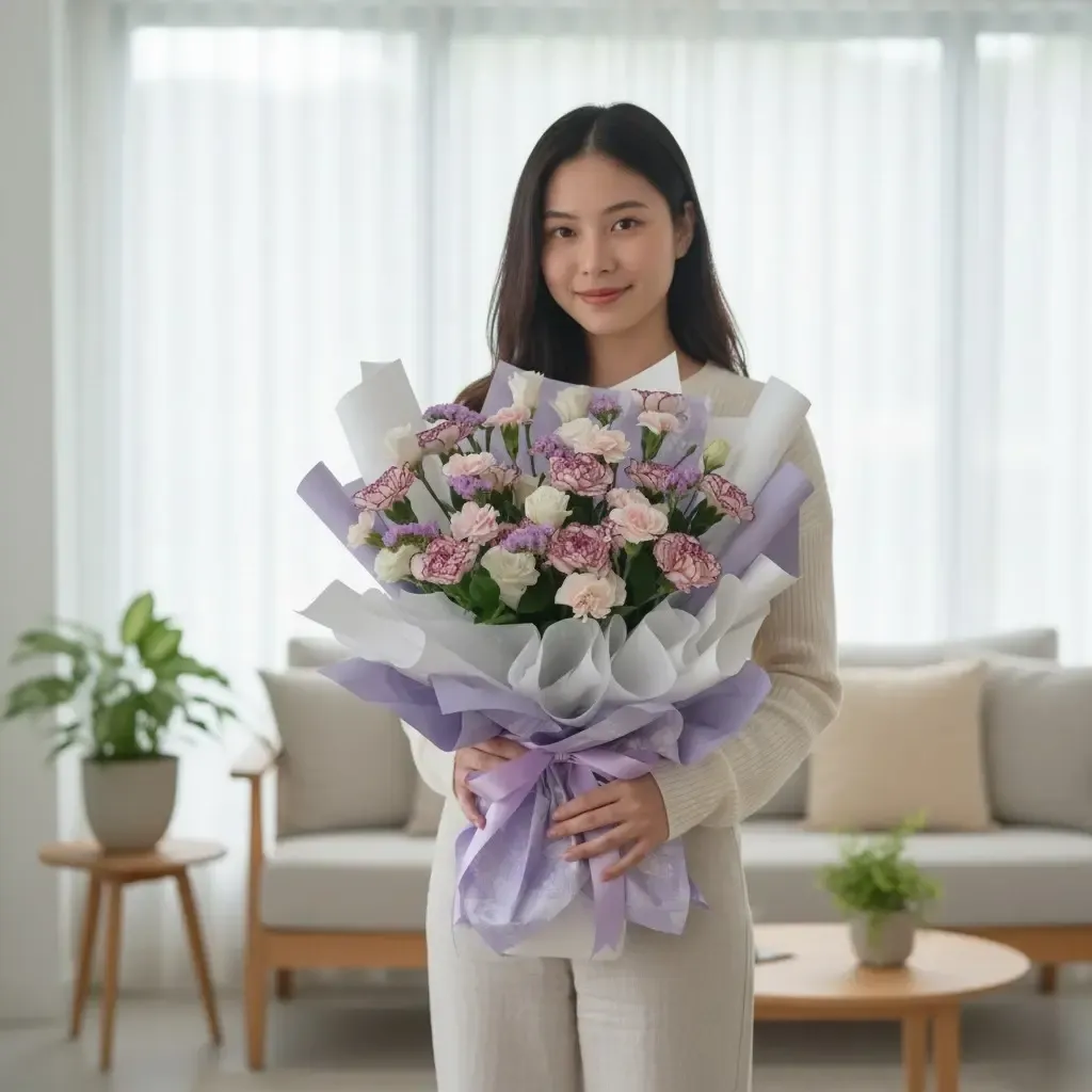 Blooming Fantasy carnations, eustomas and spray carnations hand bouquet for Mother's Day or birthday with delivery in Kuala Lumpur and Selangor