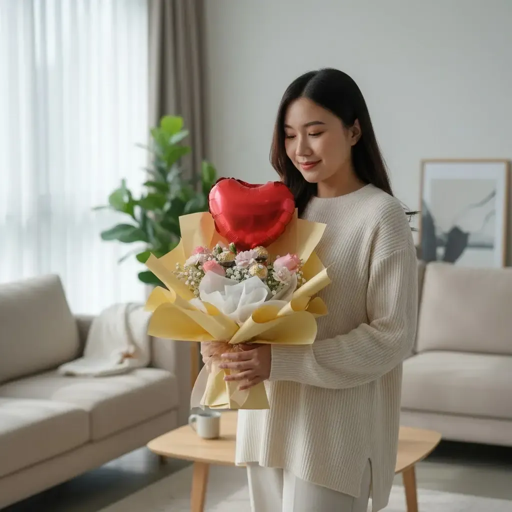 Blissful Petals roses and Ferrero Rocher hand bouquet for Mother's Day or birthday with delivery in Kuala Lumpur and Selangor