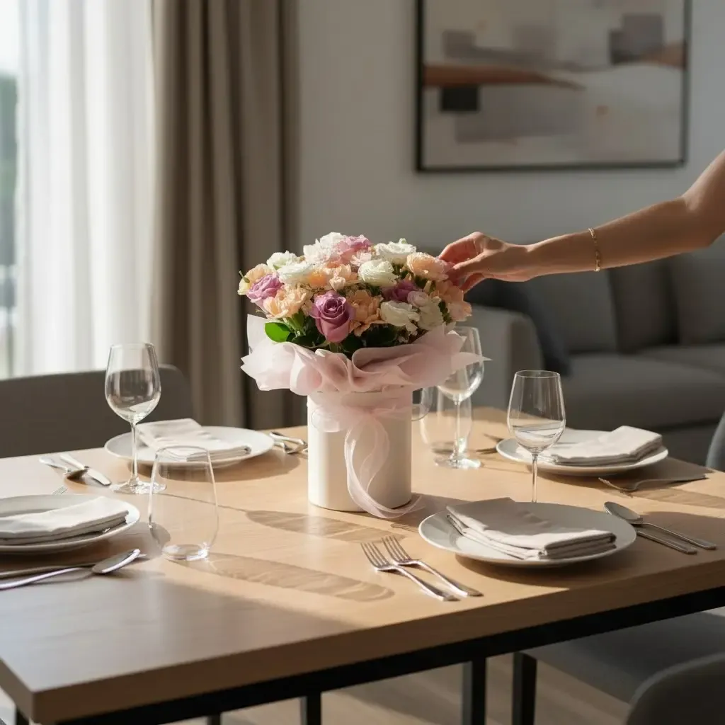 Delicate Romance roses, carnations, eustomas and spray carnations table arrangement for Mother's Day or birthday with delivery in Kuala Lumpur and Selangor
