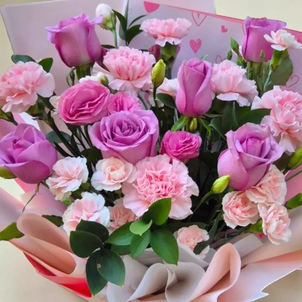 Petal Elegance eustomas, roses and carnations hand bouquet for Mother's Day or birthday with delivery in Kuala Lumpur and Selangor