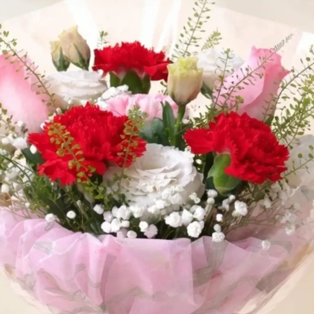 Enchanted Garden roses, carnations and eustomas hand bouquet for Mother's Day or birthday with delivery in Kuala Lumpur and Selangor