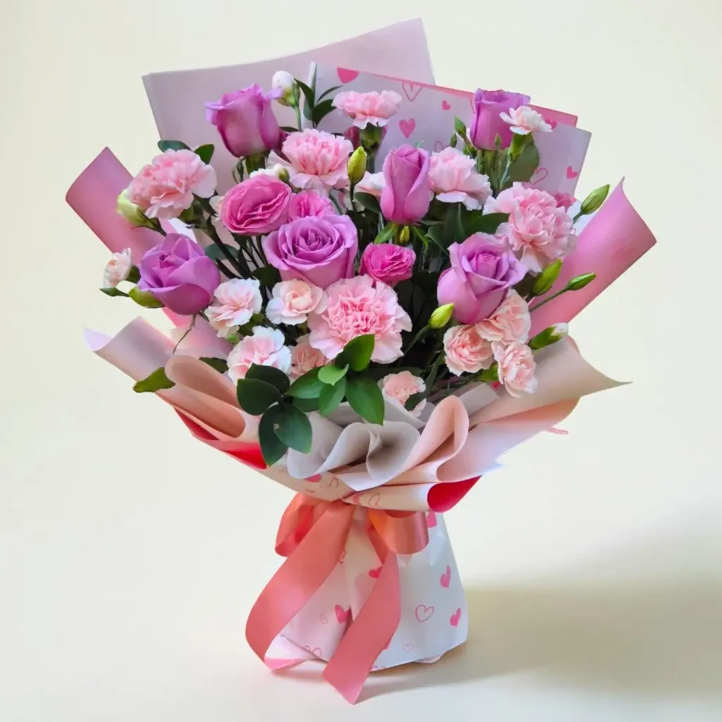 Petal Elegance eustomas, roses and carnations hand bouquet for Mother's Day or birthday with delivery in Kuala Lumpur and Selangor