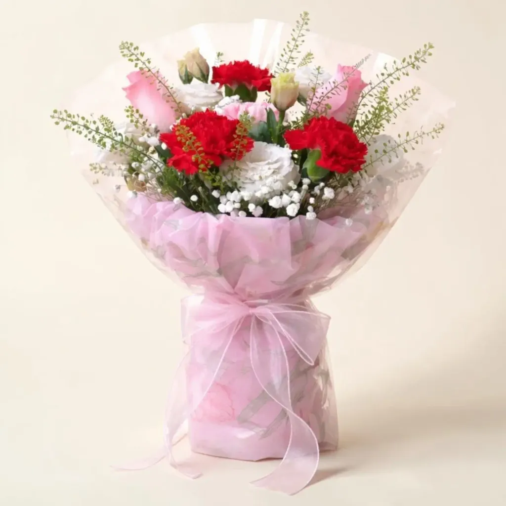 Enchanted Garden roses, carnations and eustomas hand bouquet for Mother's Day or birthday with delivery in Kuala Lumpur and Selangor