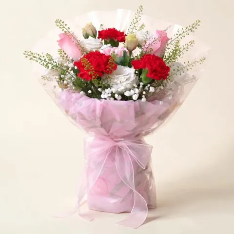 Enchanted Garden roses, carnations and eustomas hand bouquet for Mother's Day or birthday with delivery in Kuala Lumpur and Selangor