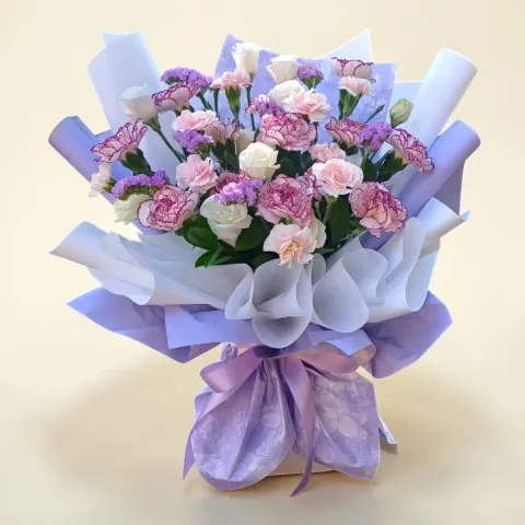 Blooming Fantasy carnations, eustomas and spray carnations hand bouquet for Mother's Day or birthday with delivery in Kuala Lumpur and Selangor