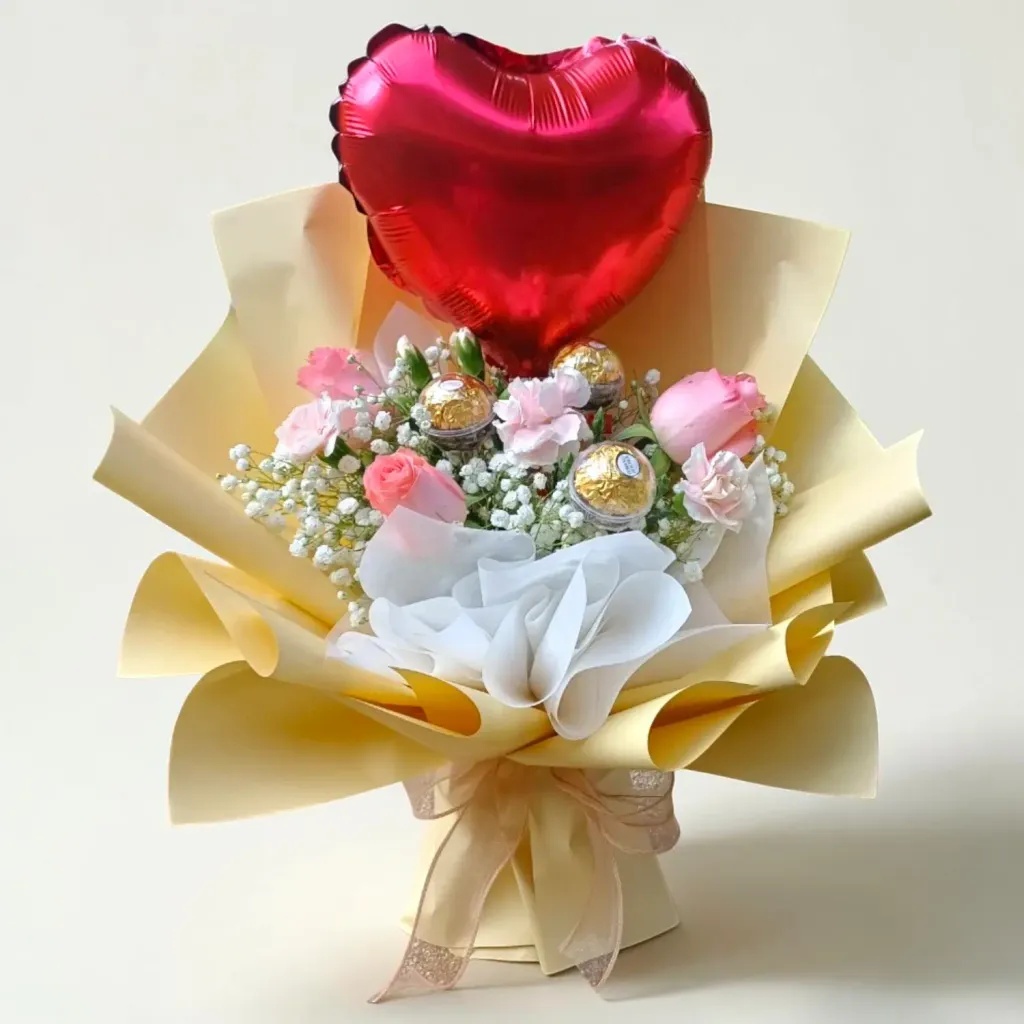 Blissful Petals roses and Ferrero Rocher hand bouquet for Mother's Day or birthday with delivery in Kuala Lumpur and Selangor