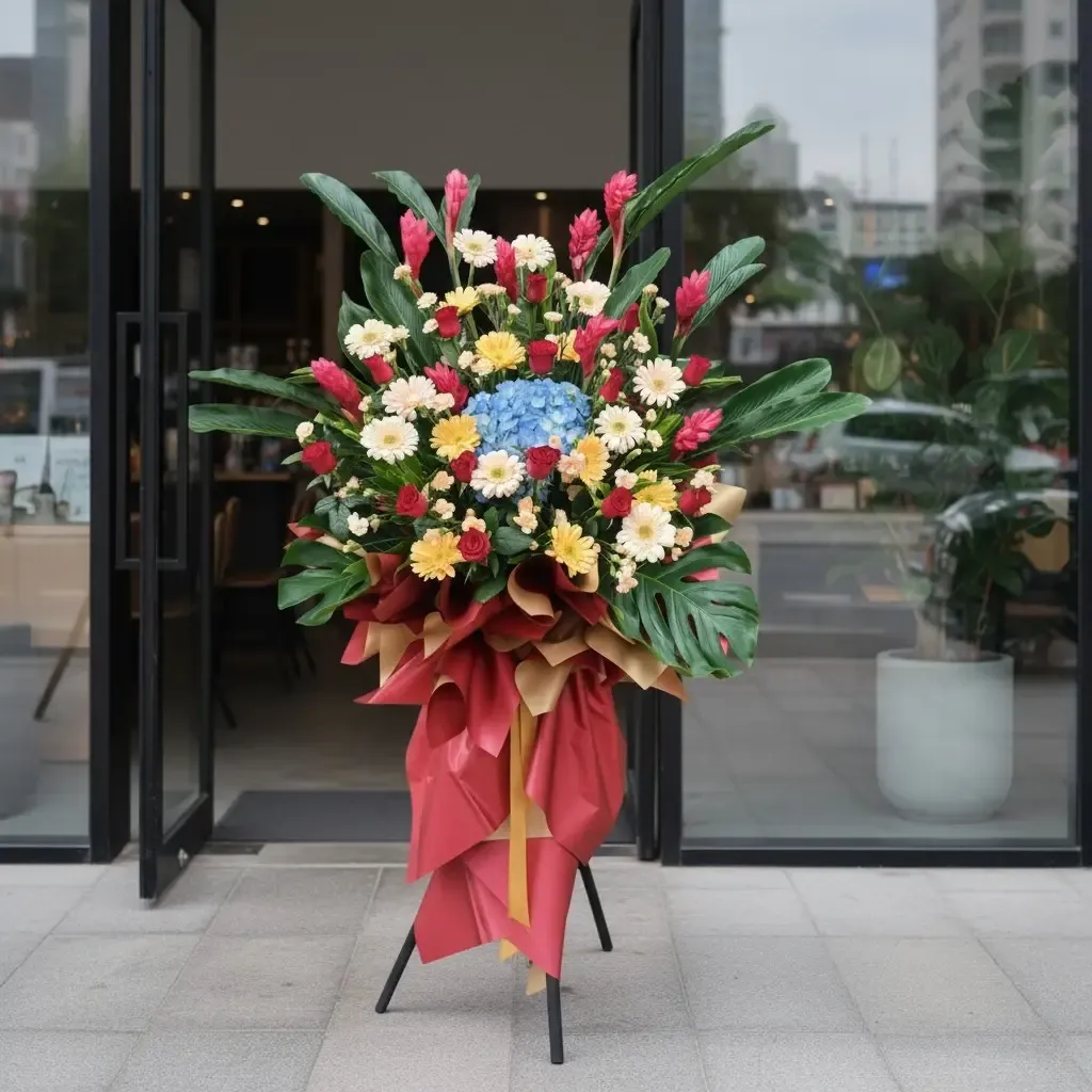 Majestic Opening red ginger, hydrangea and gerbera grand opening stand with delivery in Kuala Lumpur and Selangor