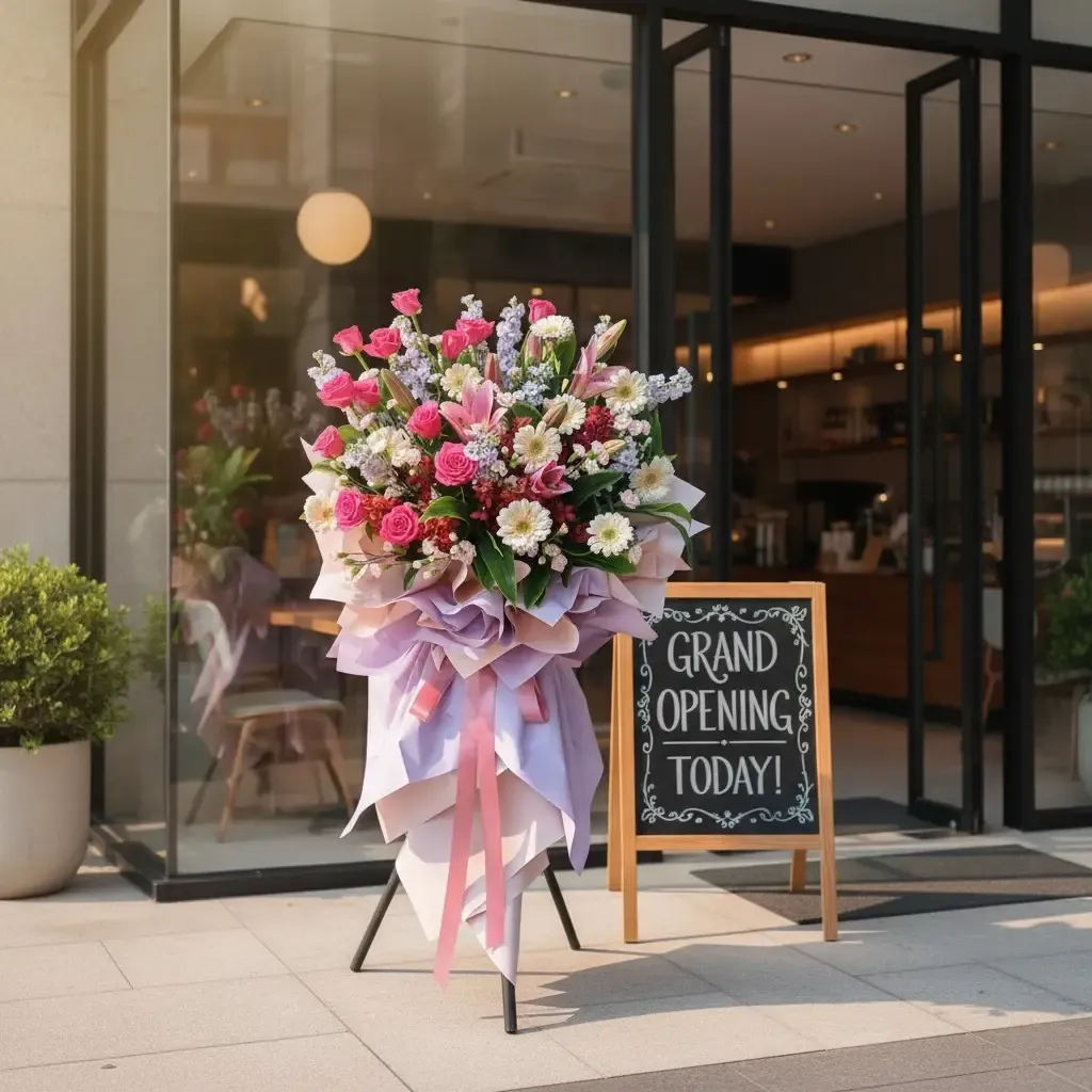 Prime Prosperity lilies, roses, matthiolas, orchids and gerberas grand opening stand with delivery in Kuala Lumpur and Selangor