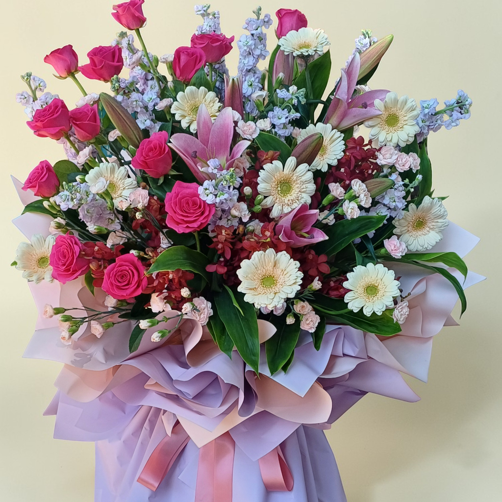 Prime Prosperity lilies, roses, matthiolas, orchids and gerberas grand opening stand with delivery in Kuala Lumpur and Selangor