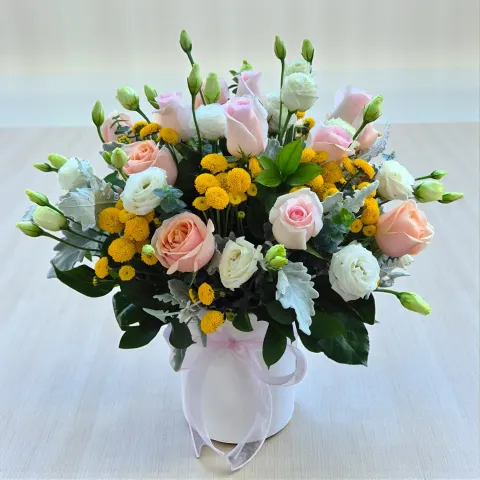 Blossom Haven Roses, Eustoma, Calimero, Eucalyptus and Dusty Miller table arrangement for birthday or anniversary with delivery in KL and Selangor