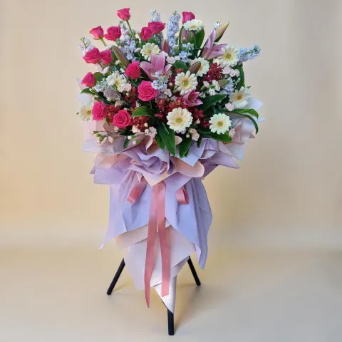 Prime Prosperity lilies, roses, matthiolas, orchids and gerberas grand opening stand with delivery in Kuala Lumpur and Selangor