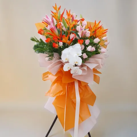 Flourish & Prosper helicornia, lilies and rose grand opening stand with delivery in Kuala Lumpur and Selangor