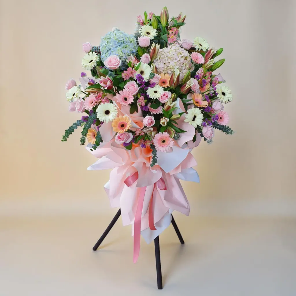 Fortune Blossom lilies, rose and hydrangea grand opening stand with delivery in Kuala Lumpur and Selangor
