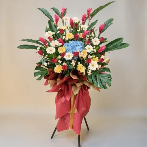 Majestic Opening red ginger, hydrangea and gerbera grand opening stand with delivery in Kuala Lumpur and Selangor