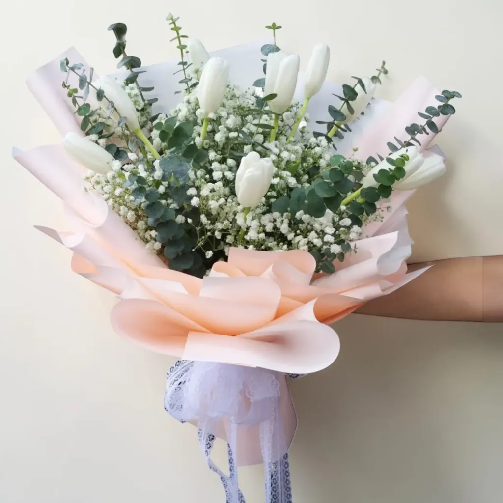 Floral Embrace tulip and baby’s breath hand bouquet for birthday or anniversary with delivery in Kuala Lumpur and Selangor
