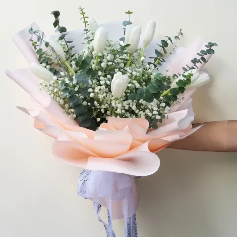 Floral Embrace tulip and baby’s breath hand bouquet for birthday or anniversary with delivery in Kuala Lumpur and Selangor