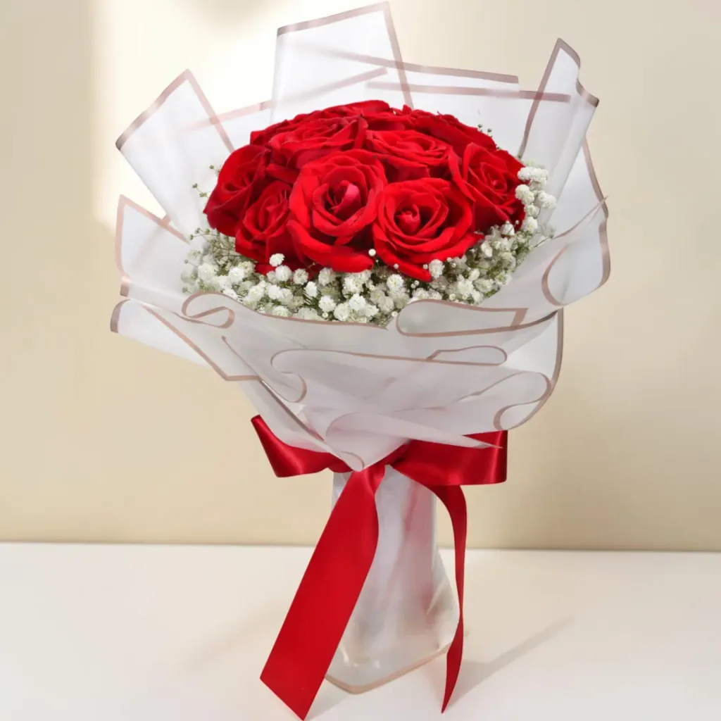 Scarlet Charm rose and baby’s breath hand bouquet for birthday or anniversary with delivery in Kuala Lumpur and Selangor