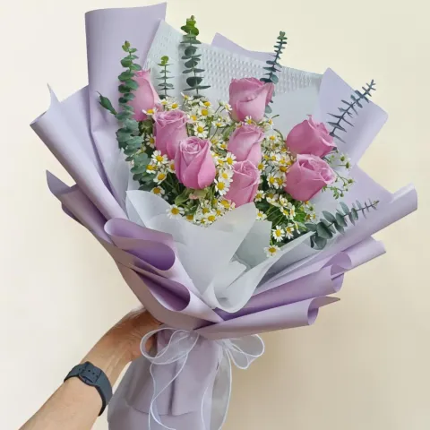 Enchanted Bloom rose and chamomile hand bouquet for birthday or anniversary with delivery in Kuala Lumpur and Selangor
