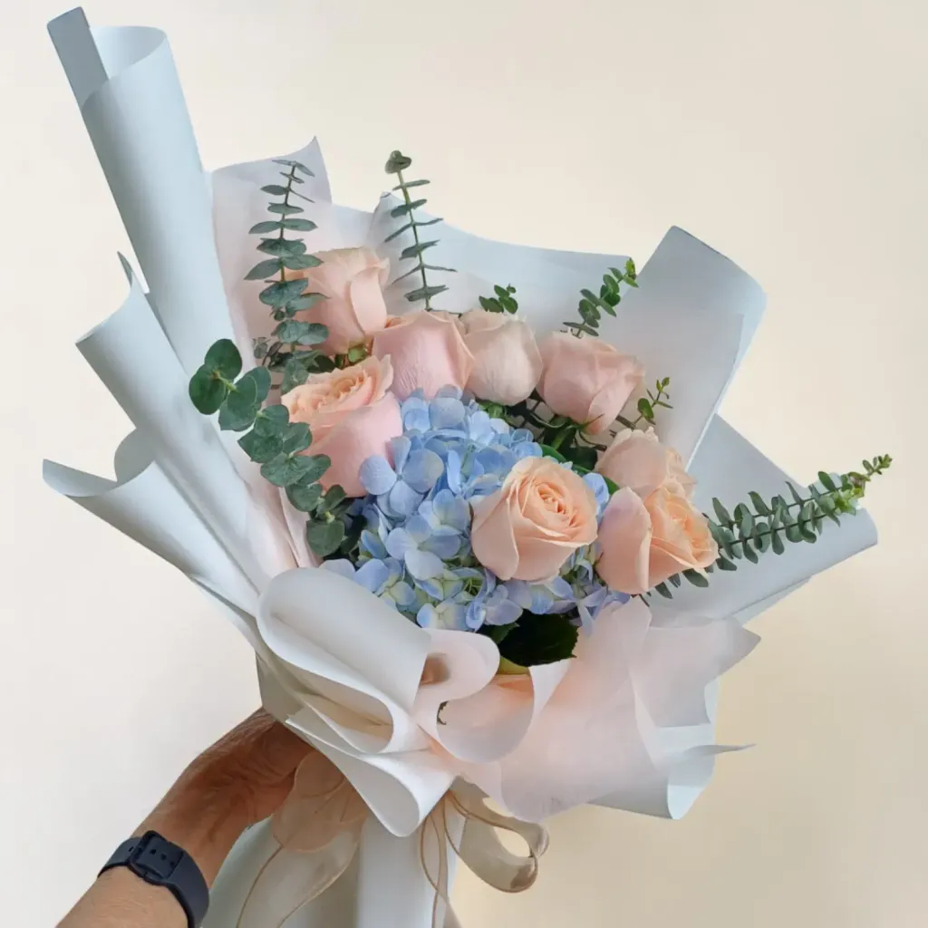Blooming Promise hydrangea, rose and eucalyptus hand bouquet for birthday or anniversary with delivery in Kuala Lumpur and Selangor